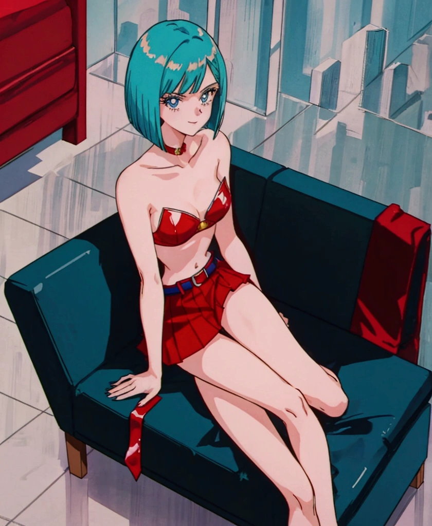 bulma, short hair, aquamarine hair, bob cut, hits, blue eyes, 1 girl, Alone, bare shoulders, Strapless, belt, medium chest, Red shirt, red mini skirt, Sitting on a sofa, seductive smile, Whole body, bare legs with red heels, crossed legs,long live sailor march