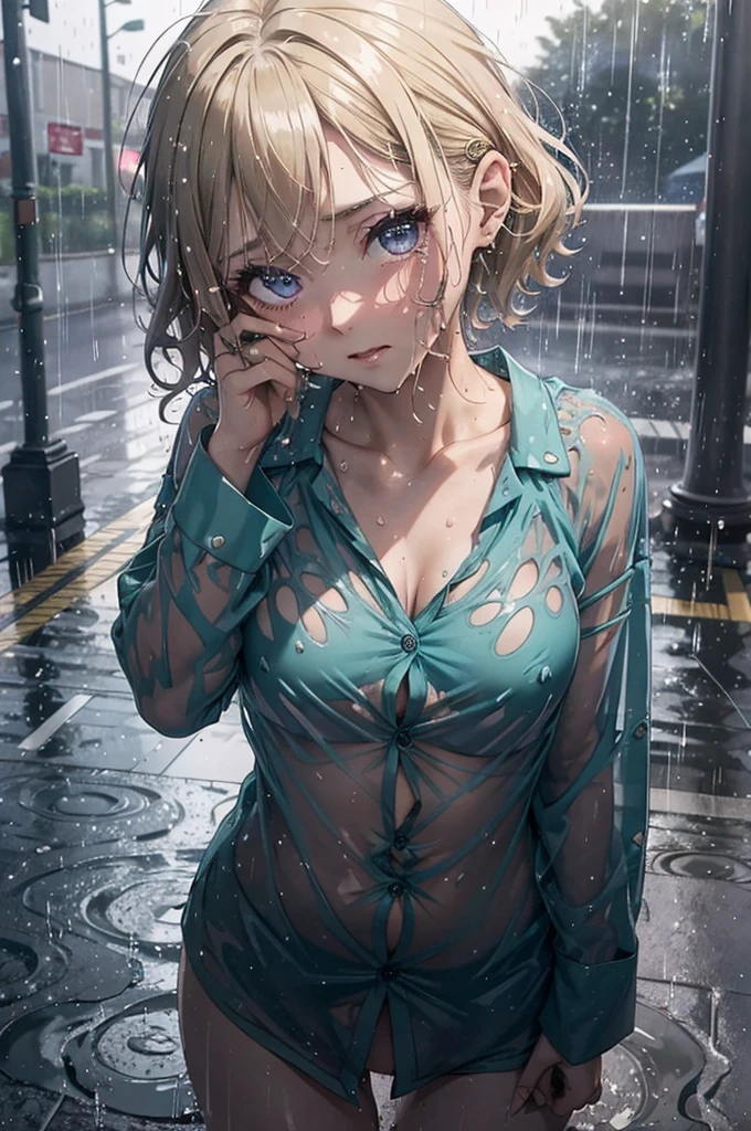 patterned pyjamas, soaking wet short hair, hair sticking to her face, translucent teal-coloured pyjama shirt, she is otherwise naked, it is raining heavily, her pyjama top is soaking wet, her pyjama top is so wet it is sticking to her body, her eyes are purple and gorgeous, amazing purple eyes, growing purple eyes, dripping wet hair, no underwear, no pyjama bottoms, nighttime, very dark, midnight, pavement, short caramel-blonde hair, braless, no panties, bare legs, bare groin, wet breasts, NSFW, thin material, small B-cup breasts, very wet, soaking wet, wet hair, wet clothes, subtle tits,
