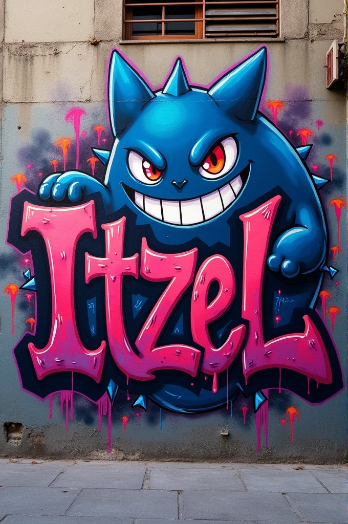 A graffiti with the name Itzel and a gengar