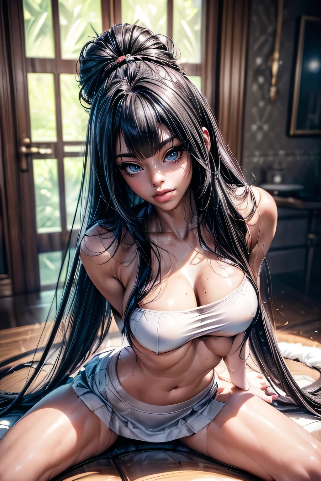  (best quality), (exquisite and meticulously detailed masterpiece), (hyper realistic anime face), (octane render), (((3D))), photorealistic, Create a hyper-detailed, high-resolution illustration of an anime-inspired woman, showcasing a blend of photorealistic and anime elements. This character combines the ethereal beauty with the captivating allure of anime aesthetics. She has deep, expressive blue eyes, ((pefect beautiful big eyes)), (((big eyes))), ((eyeliner foxy eyes)), and her hair is very long, reaching almost to her waist, with a ((dark black hair)), (messy hair). shes has two messy buns and also lots of ((messy loose hair). Her ((((((lips are large and luscious, enhanced with hyaluronic acid injections)))))),(((bimbo lips))), , giving them a soft appearance. The woman has a serene gaze and a slight smile, adding an air of mystery and charm, ((mischievous slightly smile)), (((Her face is covered in lots of freckles))), ((as well as her chest and shoulders)), ((freckles on face, chest and shoulders)). Her skin is smooth, silky and pale. She is thin and has a (( tiny waist)) that, along with her sensual hips, gives the impression of resembling an hourglass, ((((small boobs)))), ((small size boobs)), (((visible collarbones))), ((white croptop)), (((underboob))), showing collarbones, ((neckline)), ((sleveless)), ((short skirt)), thong The pose is dynamic and provocative, (dynamic pose:1.5), sitting pose, (((spread and open legs))), (detailed day indoors:1.6). This masterpiece marries the ultra-realistic detail of her features with the distinctive charm of anime aesthetics, aiming for an 8K resolution to capture every nuance of this intricate scene, )