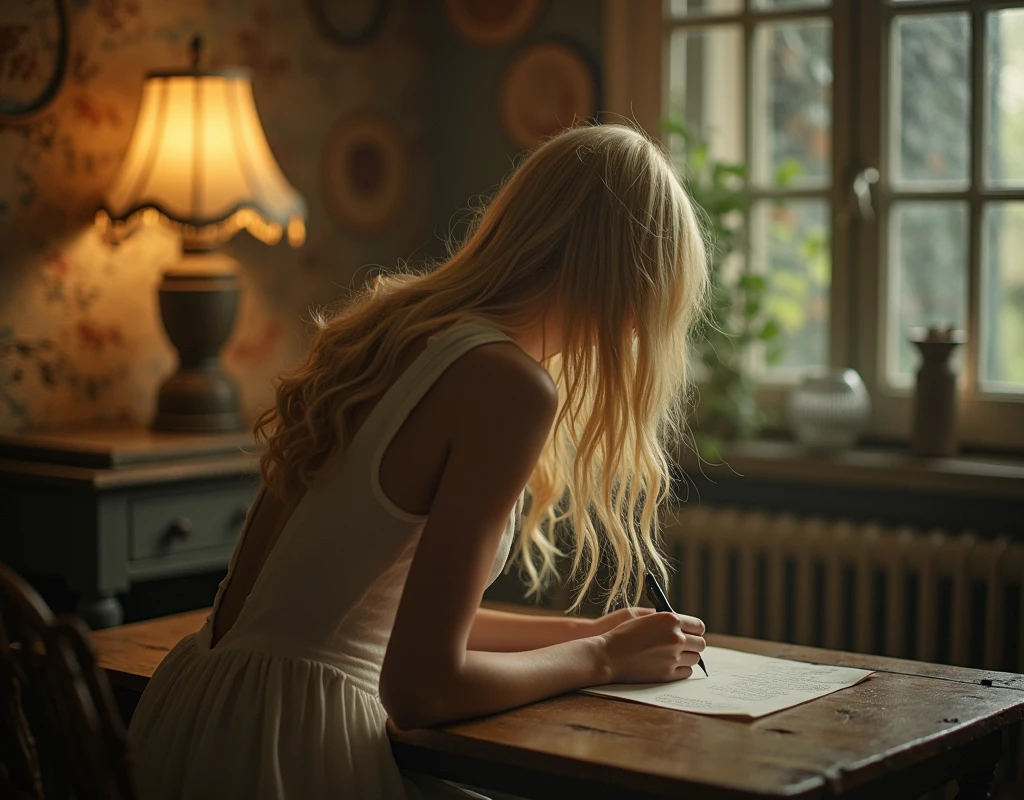 blonde, back view writes on paper on top of rustic table, Inside your room. natta. lampshade. Provence. haze. 超detailded.  Provence. Foggy . High grain film. retro photography, David Hamilton Style. Analog photography. grainy. nymph.