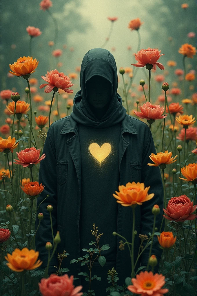 Faceless man surrounded by flowers with a hole in his chest in the shape of a heart