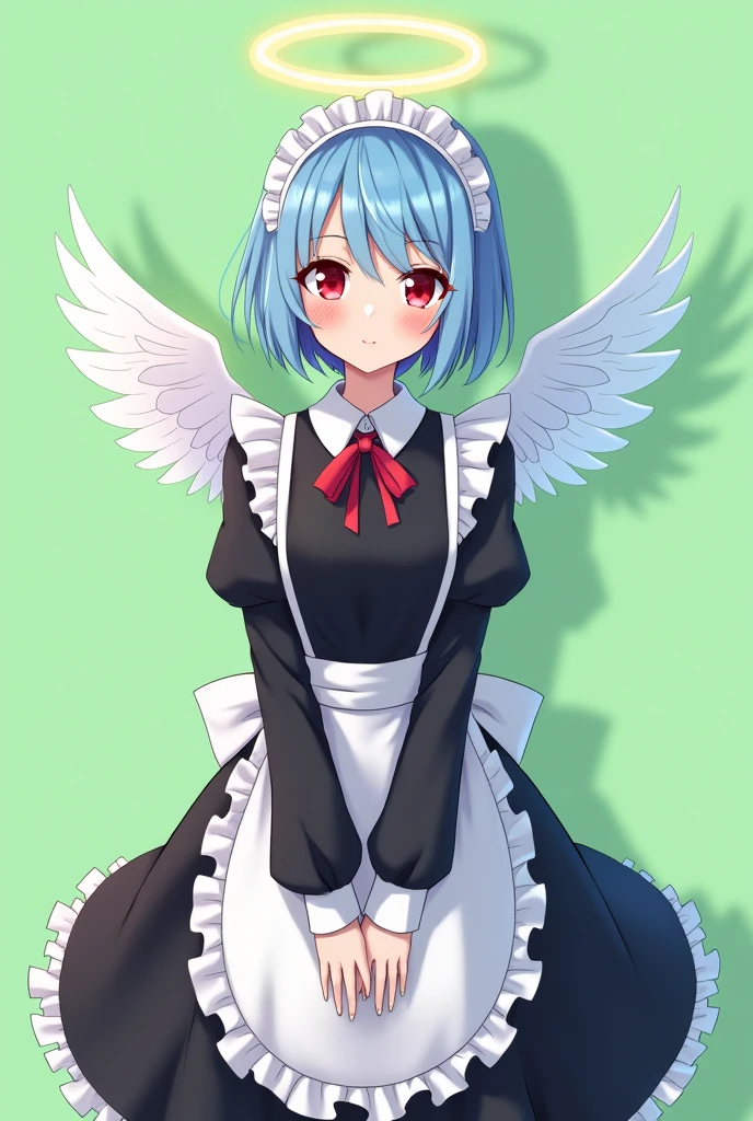 Maid cafe maid with short blue hair, Red eyes, a sensual and happy expression, age range between 18 and 26 years, with angel wings, black long sleeve uniform, anime style completely in 2D, with pastel colors, with a completely flat and green background