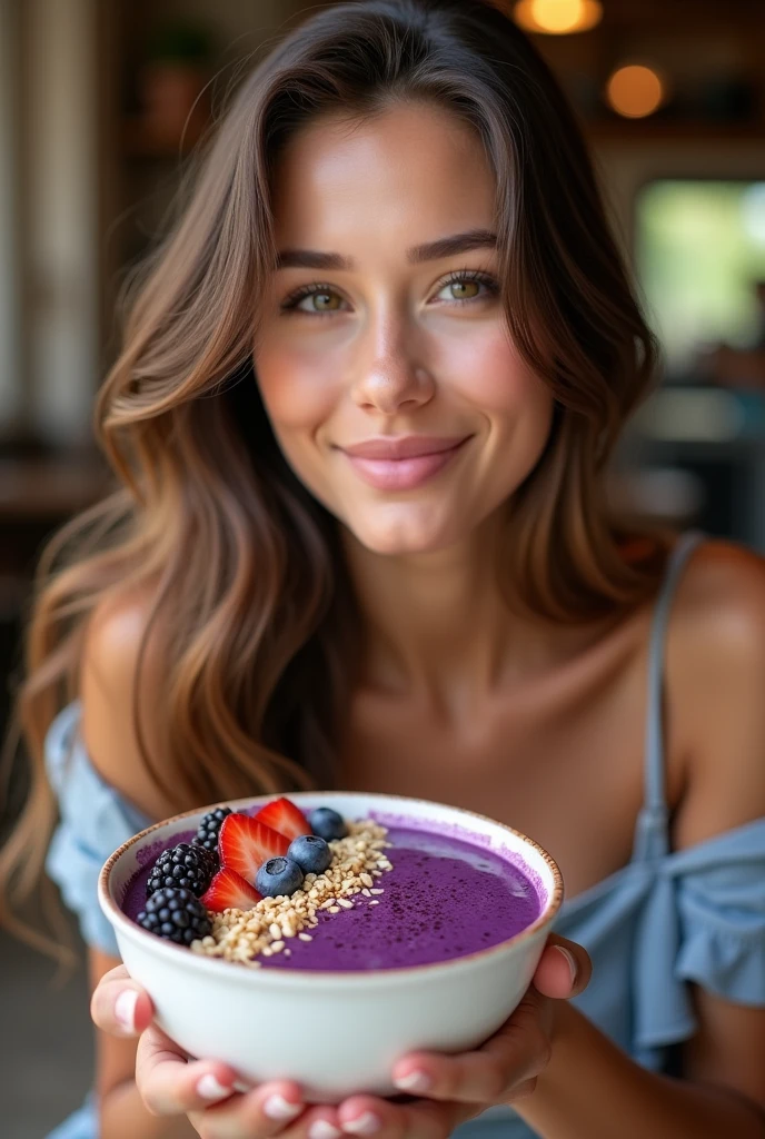 Realistic young woman, At the acai shop ,brown hair eating acai , ultra HD, high qualiy, best qualityer, high resolution, 8k, 16K
