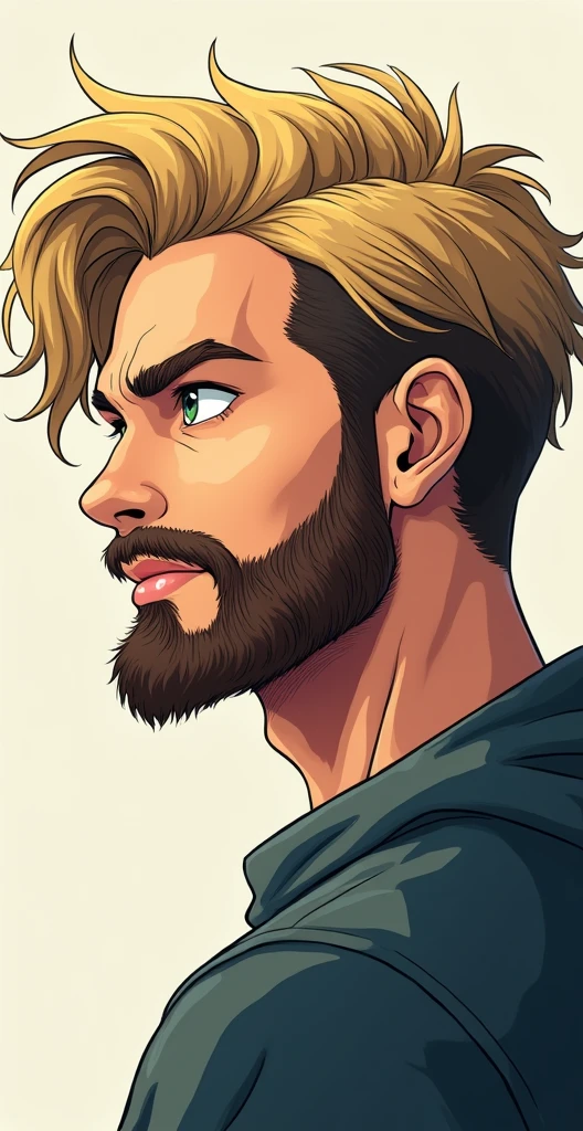 I want an anime version profile picture of a young bearded man , Caucasian skin, dark blonde hair, dry leaf green eyes with wavy hair and bangs and a mid fade color, He weighs 80 kg and has 15 percent body fat and is 173 cm tall..