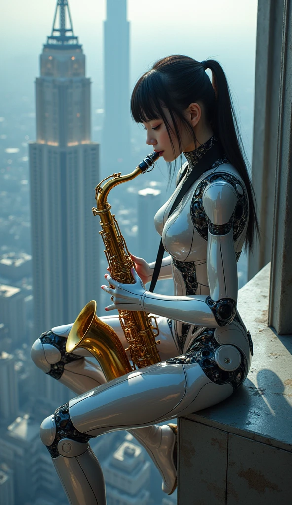 photo-realistic, ultra-realistic, very beautiful Japanese girl but futuristic cyborg, famous Japanese idol, 25 years old, dramatic scene, masterpiece, beautiful eyes, playing the sax at the top of the tallest building, skyscrapers, (cyber punk mecha armor suits), dynamic pose, dynamic angle, sitting on the dangerous edge