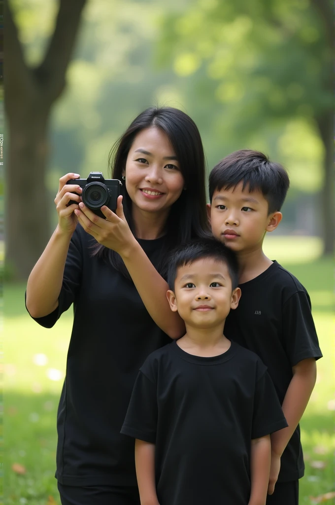 Portrait of a small Indonesian family, black haired mother below the shoulders, two boys aged 6 and 4 wearing black shirts, taking pictures in the park, realistic, 4k