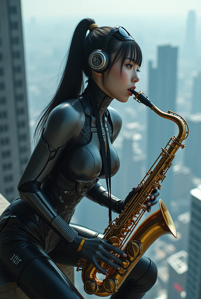 photo-realistic, ultra-realistic, very beautiful Japanese girl but futuristic cyborg, famous Japanese idol, 25 years old, dramatic scene, masterpiece, beautiful eyes, playing the sax at the top of the tallest building, skyscrapers, (cyber punk mecha armor suits), dynamic pose, dynamic angle, sitting on the dangerous edge