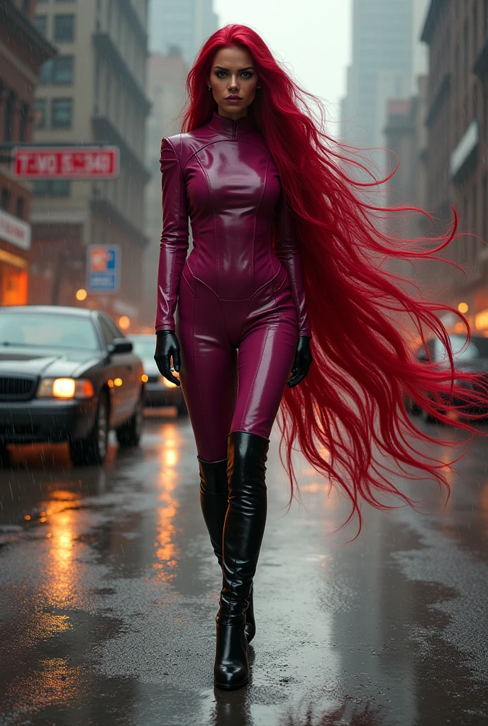 (((A beautiful woman with long red hair crawling along the road))),(((with extensive long red hair prenzil six feet long)))Adriana Lima wearing (((A fuchsia leather one-piece suit))) black leather gloves and boots standing in a rainy apocalyptic city burning cars and buildings ((((a long, six-foot-long head of red hair grabbing objects in the air)))) reflection of her in her blood red hair logo Marvel universe(((Her long hair dragging along the length and width of the road)))