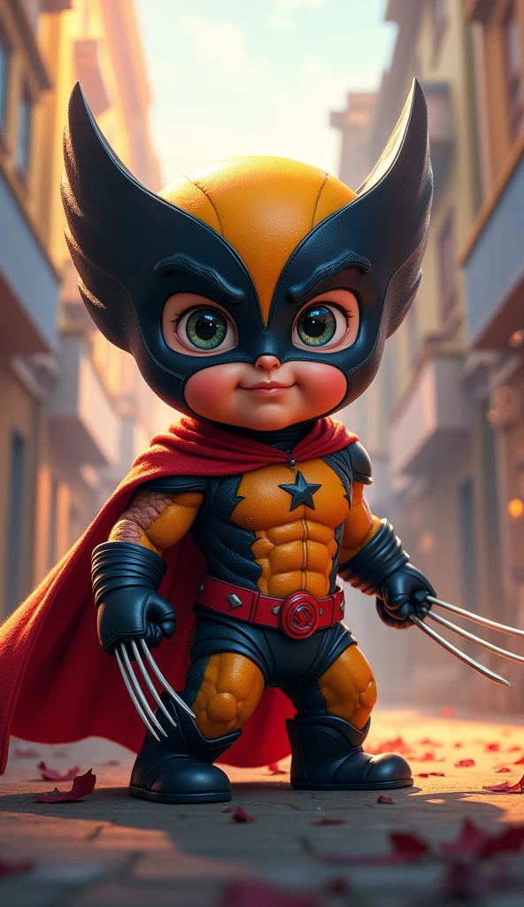 a cute little wolverine, do not wear mask, 3 years old, facing camera, look at the camera, extremely detailed portrait, beautiful detailed eyes, beautiful detailed lips, extremely detailed facial features, detailed superhero costume, superhero poses, dynamic action, vibrant colors, cinematic lighting, epic fantasy, digital art, 8k, high resolution, hyper detailed, photorealistic