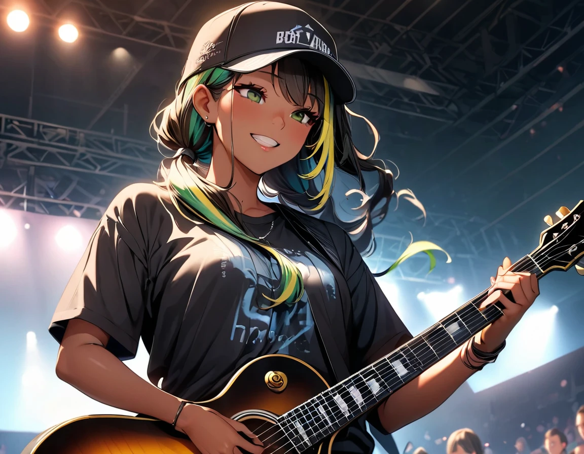 (highest quality:1.2, Very detailed, up to date, Vibrant, Ultra-high resolution, High Contrast, masterpiece:1.2, highest quality, Best aesthetics), Portraiture、girl、((25 years old:1.5)), (slim:1.2), 25-years-old, (black trucker cap:1.3), (black t-shirt), jeans, Bright colors、Beautiful fine details、Beautiful lip detail、long hair, (low ponytail:1.3), white and yellow green ((streaked hair:1.6)), highlights hair: 1.5, (small breast,:1) (tan skin:1.2),Playing guitar, Electric guiter、Gibson Les-Paul, smile, singing, Rehearsing for a concert:1, on stage, ((upper body:1.5)),