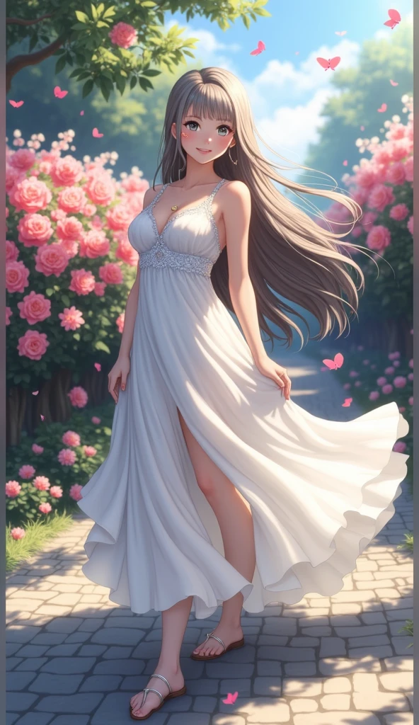 (masterpiece、Highest quality、8k、High resolution)、(One female、Beautiful Face、Beautiful eyes、Beautiful lips、Beautiful nose)、smile、The white upper teeth are faintly visible、Silver blonde medium hair、(The best girl in anime)、garden、blue sky、Colorful flowers are blooming、Vibrant colors、Red roses are beautiful、(Body、whole bodyから神秘的な光の粒子、Colorful light particles、A mysterious light glowing around the head)、melt、jewelry、necklace、dress、(whole body)、Highly detailed anime art、A complete portrayal、