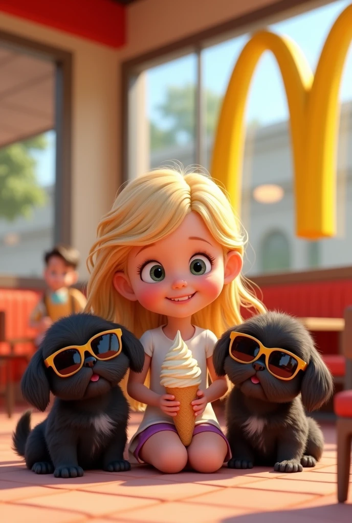 Cute blonde girl 2 black shih tzu puppies eating ice cream at McDonald's wearing sunglasses 3D Pixar