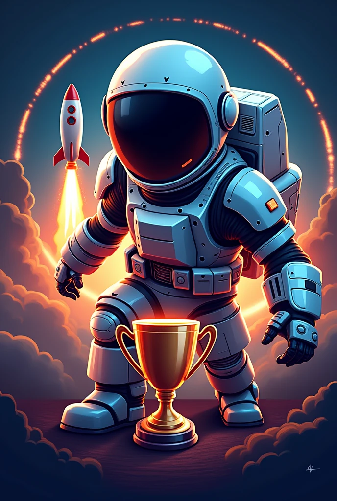LOGO FOR A FOOTBALL BOT CALLED "RUN AWAY", needs to have an astronaut, a rocket and a trophy
