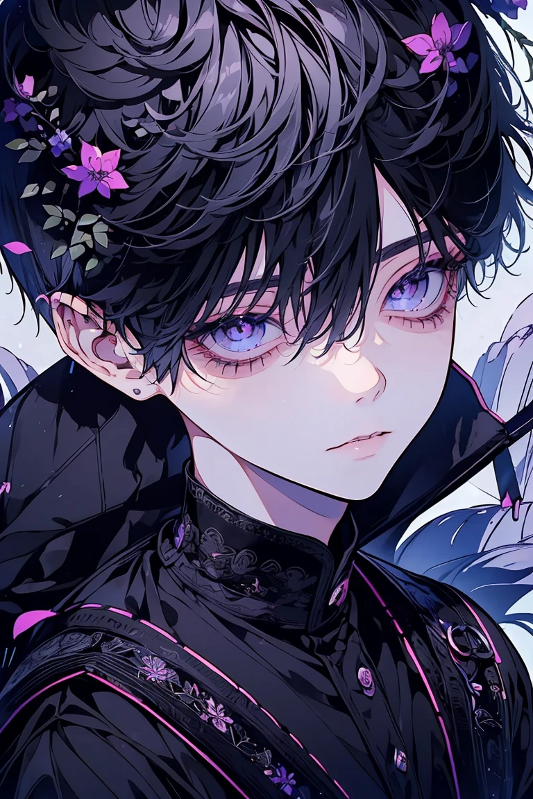 (Mastepiece), (Best Quality), Very detailed, 1 boy, Solo Shooting, Perfect Face, Beautiful Face, Very detailed顔，(black Short Hair:1.3)，(Big eyes:1.4)，(Long eyelashes:1.4)、(black Eyes:1.3)、Lots of flowers