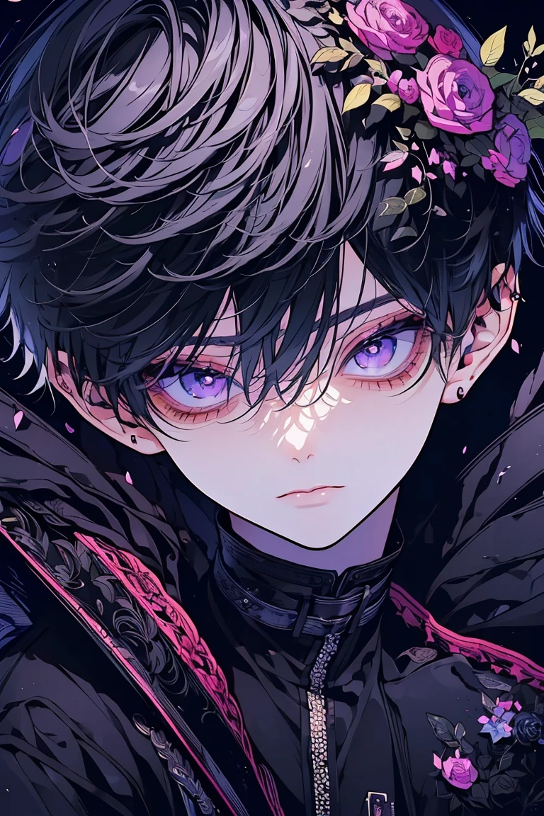 (Mastepiece), (Best Quality), Very detailed, 1 boy, Solo Shooting, Perfect Face, Beautiful Face, Very detailed顔，(black Short Hair:1.3)，(Big eyes:1.4)，(Long eyelashes:1.4)、(black Eyes:1.3)、Lots of flowers