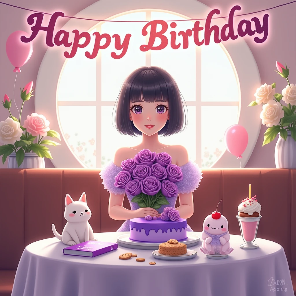 Please Generate a painting for my friends birthday in anime style with birthday background with balloons and flowers in peaceful restaurant. There's a cat and bunny sitting on the floor too. I want a girl with bob black hair, she's wearing beautiful shimmering purple gown, Smiling, holding 21 purple rose bouquet, Infront of her vintage purple cake in the table and more cookie, ice cream, a purple journal. She loves writing in dairy, She loves bts. Put some bt21 character plushie in that table, army bomb light too! Happy birthday banner on top of the picture.