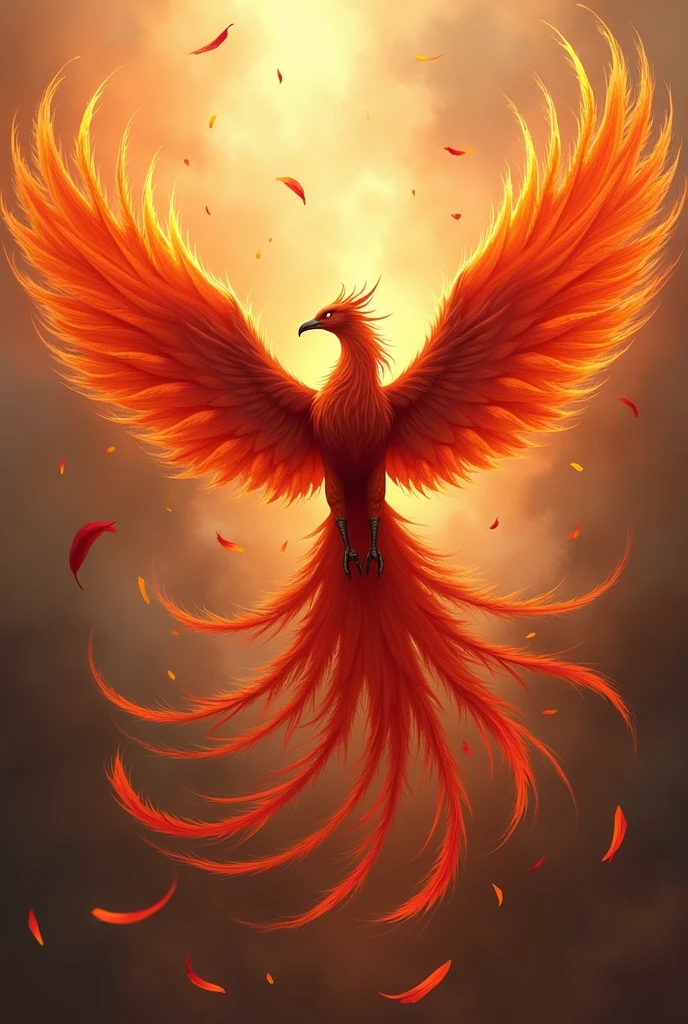 Fire Phoenix with long tails and falling feathers in the background