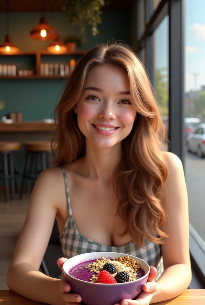 Realistic young woman, At the acai shop ,chestnut hair,eating acai , ultra HD, high qualiy, best qualityer, high resolution, 8k, 16K