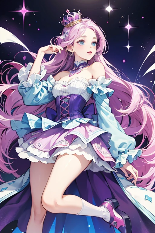 Dolce has pale blue skin. She has blue eyes, grey eyebrows, and pink lips. She has purple hair down to her hips. Her color can change by applying cold water - her rooted hair instantly transforms from purple to dark purple; use warm water to change it back. She wears pearly crown and fin sleeves.
 She wears a molded-on pink to pale blue bodice. She has a purple pattern on the bodice. Her colourfull skirt has a pink pattern.
 She wears blue shoes. SPARKLE; GLITTER