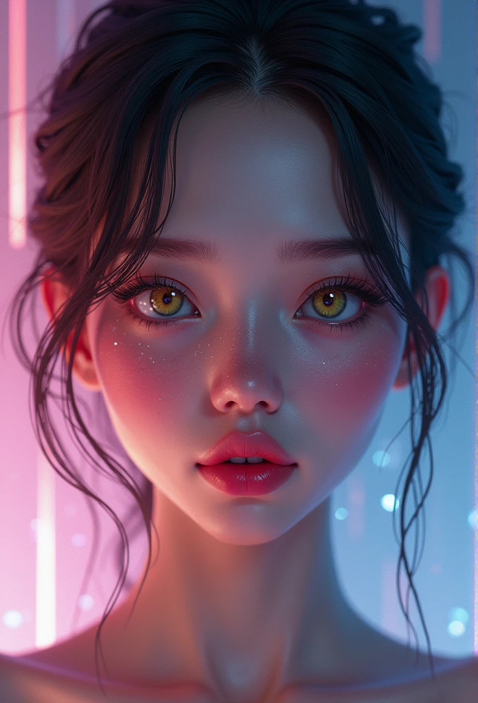 (surreal, Realism 16K quality), (vivid silhouette), ((Extremely realistic proportions, anatomically correct:1.3)), beautiful girl, ((full body portrait)), ((Very realistic and sharp real human eyes)), perfect round eyes, (heterochromia eyes, Detailed pupils:1.2), high nose bridge, (A small dot on the tip of the nose, A dot under the left eye_light black), cleft chest, Perfect plastic beauty, "shh"Puckered lips as if to say, Big, plump, glossy pink lips, Unique lip line, Lipstick, Realistic cinematic light, detailed facial features, sharp focus, smooth, beautiful, Celestial Light, fantastic atmosphere, Real people in reality,
