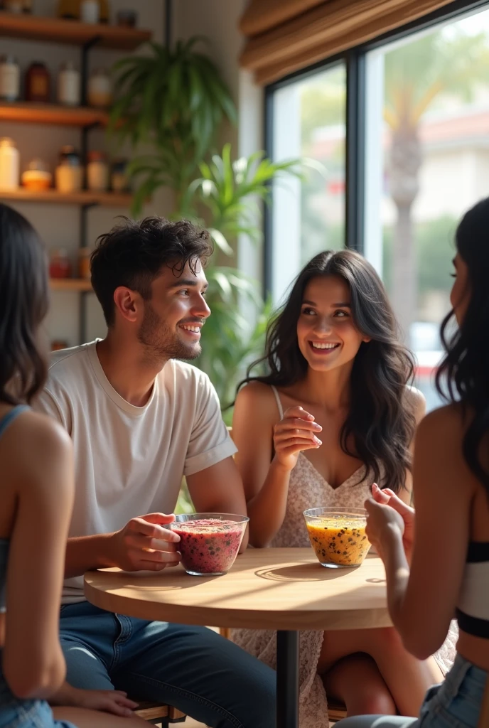 Man and realistic girlfriend , At the acai shop ,black hair eating acai , with friends Ultra HD, high qualiy, best qualityer, high resolution, 8k, 16K
