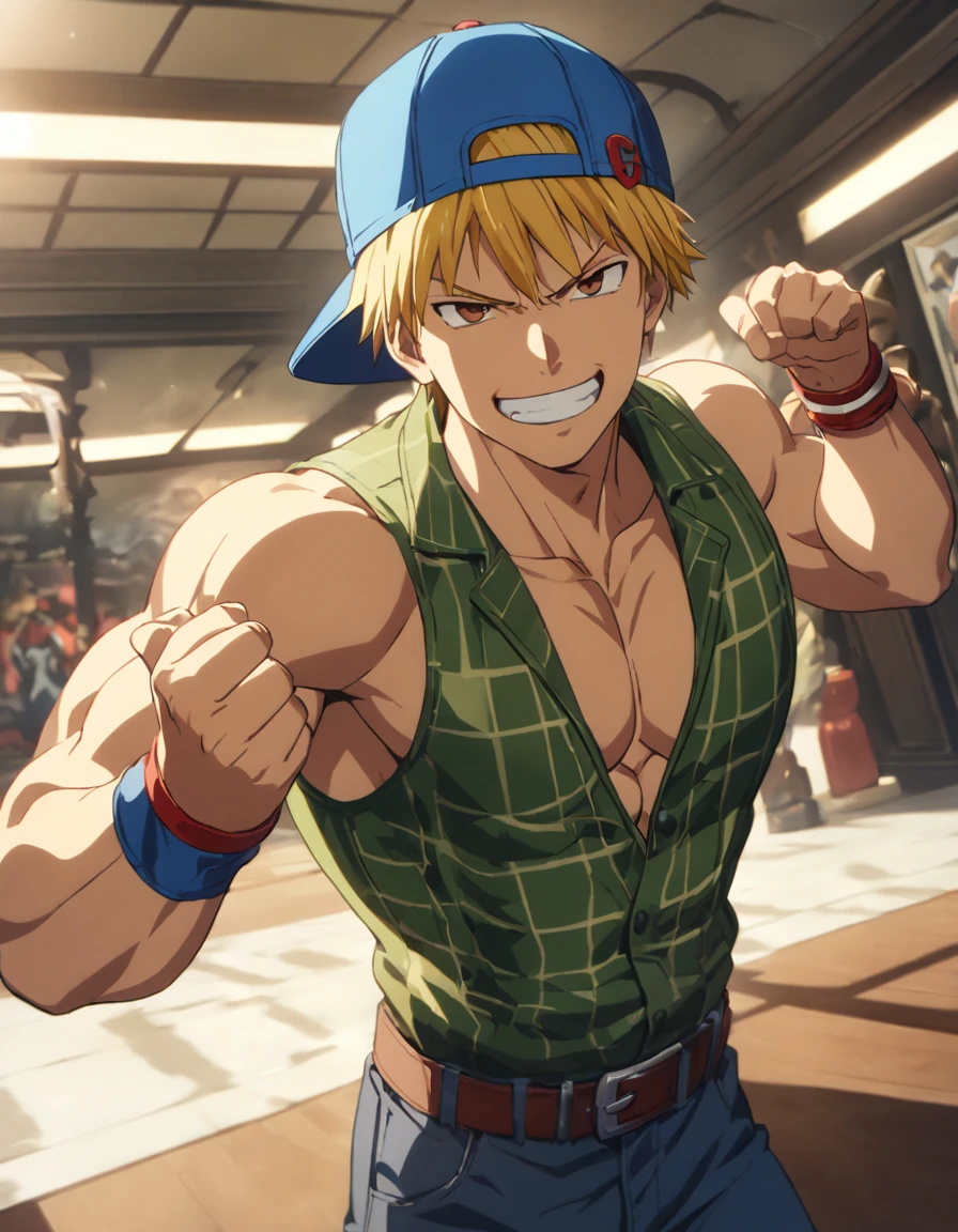 1man, middle muscular, very short hair, blond, masculine, handsome, brown eyes, solid chinpira, BREKK backwards hat, open shirt, cropped shirt, red collared shirt, sleeveless shirt, brown plaid shirt, blue baseball cap, jeans, red wristbands, BREAK solo, abs, >:>, smug, thick abs, cool emotion, BREAK upperlegs, dynamic expression, game keyvisual, 1990s, in capcom art style, in color comic style, BREAK depth of field, dutch angle, cinematic shadows, cinematic lighting, texture, absurdres absolutely resolution, extreme all detailed, greatest painting, BREAK masterpiece, best quality