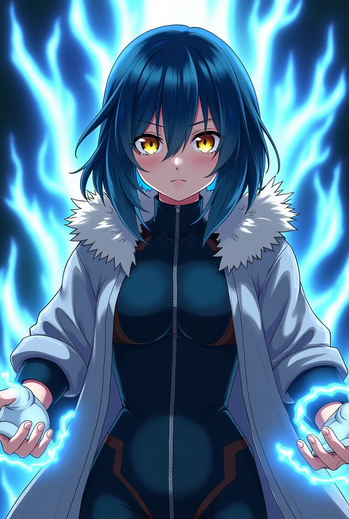 Screenshot of my hero academy, Girl with navy blue hair and lighter blue streaks, yellow eyes, Light skin and a slightly confused, frowning expression. While wearing a dark suit that covers his torso and even above his thighs,Her suit leaves her chest uncovered. (Your suit at the bottom is like a thong type) While wearing a furry grey coat, He wears the hood of his coat over his head.,He is wearing dark wide trousers, And some white fingerless gloves, While around it there are some blue rays, And blue rays also come out of his hands.