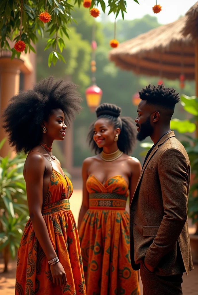 Generate an image where a beautiful young black lady with Afro with a very handsome black man is introducing her friend another young beautiful black lady to the man. It should be in a form of conversation, they shouldn’t be close to each other at all in an African setting. The man shouldn’t be holding any of the women