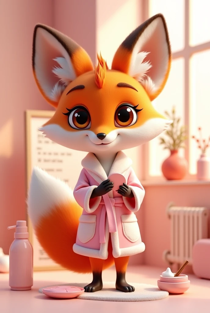 Create a 3D Disney Pixar style fox named Glamour Fox. She must exude an elegant personality, relaxed and attentive, perfect for a section dedicated to skin care and beauty.
colors: Vibrant shades of orange and white, with pink details and accessories to maintain cohesion with the other mascots.
Accessories:
Accessories de Beleza: Use a small pink hand mirror and a set of skin care products, like cream or lotion bottles with pink accents.
stylish clothes: A pink bathrobe with pink accents, and maybe a hair band.
beauty products: You may be holding or applying products such as a serum or face mask..
Expressions: Soft smile and expressive brown eyes, with an expression of tranquility and satisfaction that conveys a feeling of care and well-being.
Activities and Poses:
Applying Products: Demonstrating the application of skin care products, as a face mask or cream.
relaxing: Showing a moment of relaxation, such as wearing a bathrobe or applying a cream.
Beauty Tips: Pointing to a board with skin care tips, beauty routines and recommended products.
Interactivity on the Website:
Hover animations: Animated movements like applying a cream, look in a mirror or relax in a comfortable position.
Beauty Messages: Friendly messages with skin care tips, beauty routines and product recommendations.