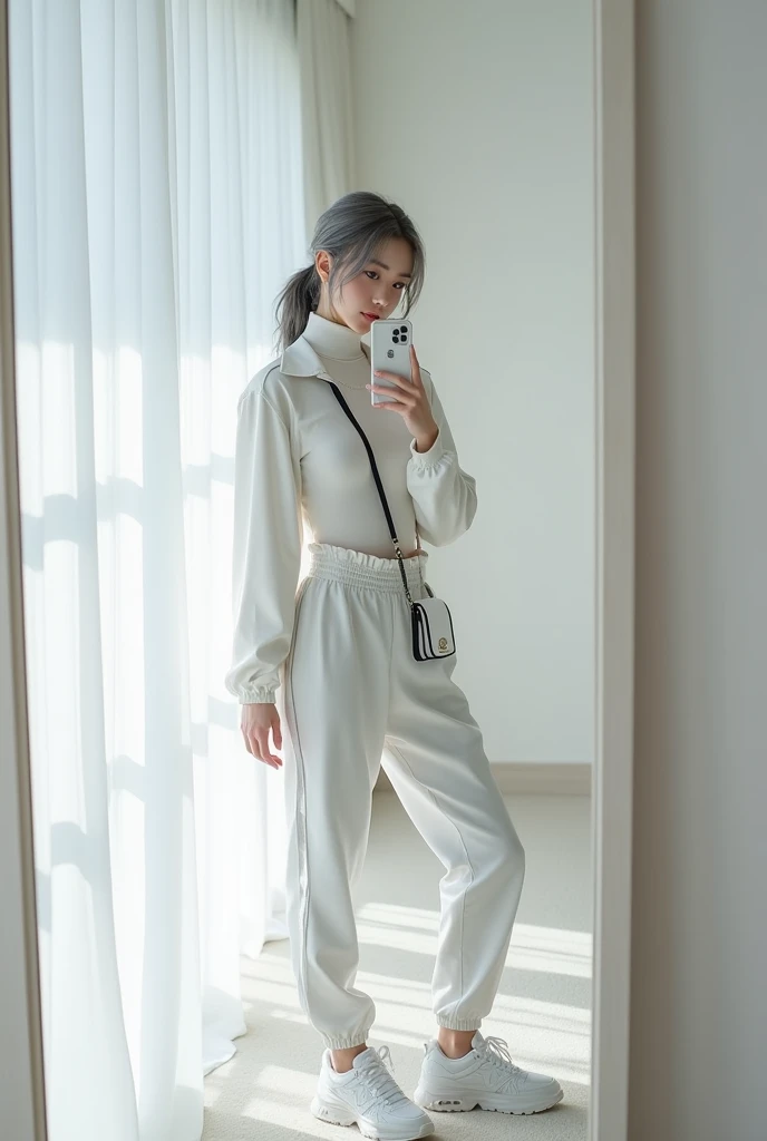 highly detailed, beautiful, hyper Realistic girl, masterpiece, best quality, Japanese sexy gravure woman, 18 years old, identity hidden, takes a selfie in her room using a smartphone in front of a mirror with one hand, fashion model Posing, standing, looking away from the camera, /// gray arranged hair, light color eyes, Realistic skin, Detailed face, /// white-themed, futuristic-inspired casual fall outfit. The ensemble should feature a high-collared, white long shirt with metallic accents, paired with a sleek, form-fitting turtleneck in a soft white fabric. Combine this with high-waisted white joggers made from a lightweight, tech-inspired material. Footwear should include white, futuristic sneakers with transparent soles. Accessories might involve a slim, metallic belt and a minimalist white crossbody bag with holographic details. The overall look should blend modern functionality with futuristic elements, offering a fresh, forward-thinking take on autumn trend fashion, /// Monotone simple modern taste single room, mirror, complicated background