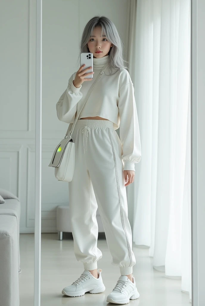 highly detailed, beautiful, hyper Realistic girl, masterpiece, best quality, Japanese sexy gravure woman, 18 years old, identity hidden, takes a selfie in her room using a smartphone in front of a mirror with one hand, fashion model Posing, standing, looking away from the camera, /// gray arranged hair, light color eyes, Realistic skin, Detailed face, /// white-themed, futuristic-inspired casual fall outfit. The ensemble should feature a high-collared, white long shirt with metallic accents, paired with a sleek, form-fitting turtleneck in a soft white fabric. Combine this with high-waisted white joggers made from a lightweight, tech-inspired material. Footwear should include white, futuristic sneakers with transparent soles. Accessories might involve a slim, metallic belt and a minimalist white crossbody bag with holographic details. The overall look should blend modern functionality with futuristic elements, offering a fresh, forward-thinking take on autumn trend fashion, /// Monotone simple modern taste single room, mirror, complicated background