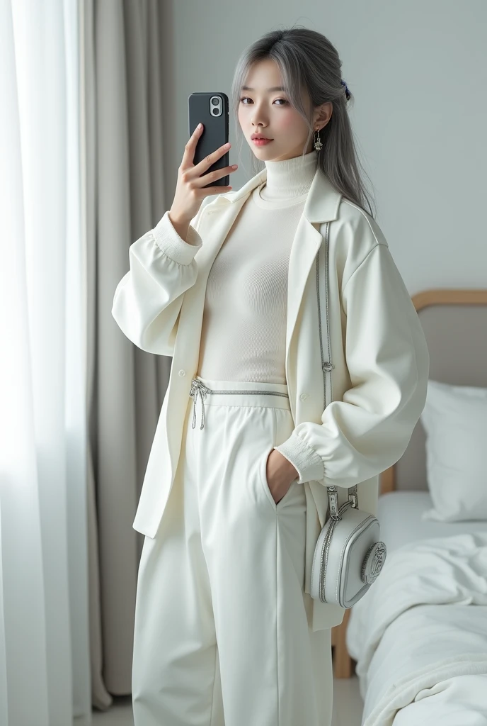 highly detailed, beautiful, hyper Realistic girl, masterpiece, best quality, Japanese sexy gravure woman, 18 years old, identity hidden, takes a selfie in her room using a smartphone in front of a mirror with one hand, fashion model Posing, standing, looking away from the camera, /// gray arranged hair, light color eyes, Realistic skin, Detailed face, /// white-themed, futuristic-inspired casual fall outfit. The ensemble should feature a high-collared, white long shirt with metallic accents, paired with a sleek, form-fitting turtleneck in a soft white fabric. Combine this with high-waisted white joggers made from a lightweight, tech-inspired material. Footwear should include white, futuristic sneakers with transparent soles. Accessories might involve a slim, metallic belt and a minimalist white crossbody bag with holographic details. The overall look should blend modern functionality with futuristic elements, offering a fresh, forward-thinking take on autumn trend fashion, /// Monotone simple modern taste single room, mirror, complicated background