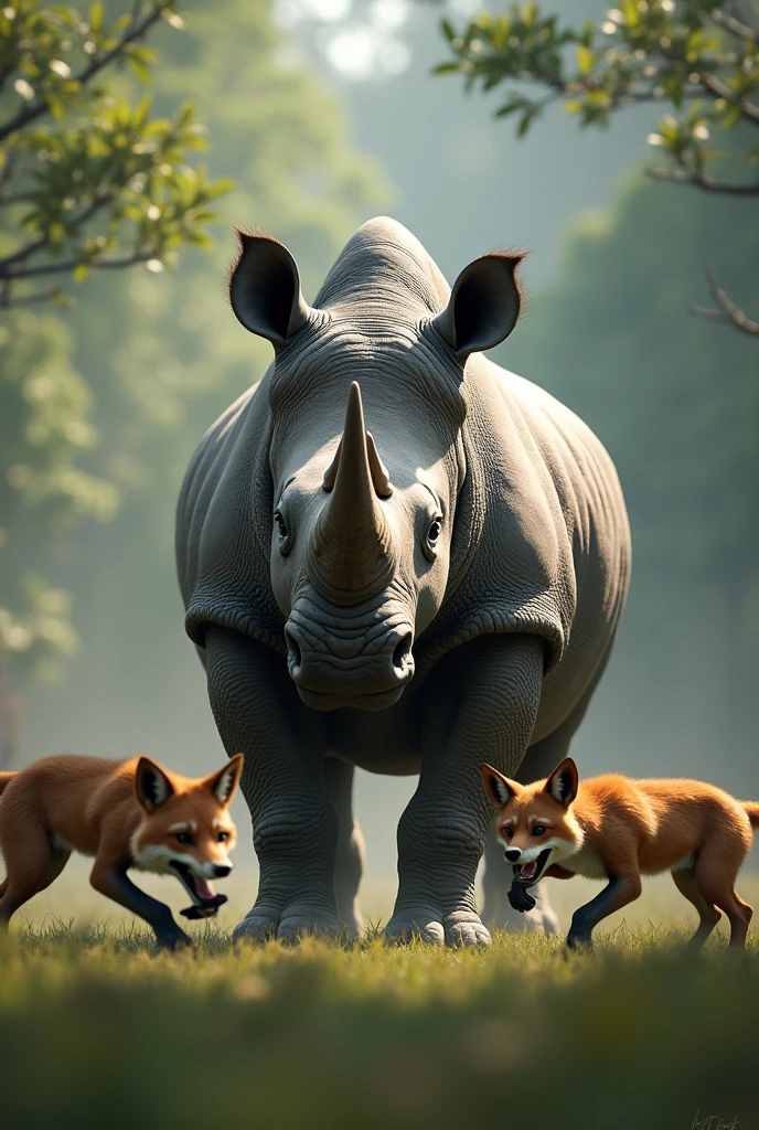 Rhino surrounded by angry foxes in open space in forest horizontal photo , foto 1080x1080