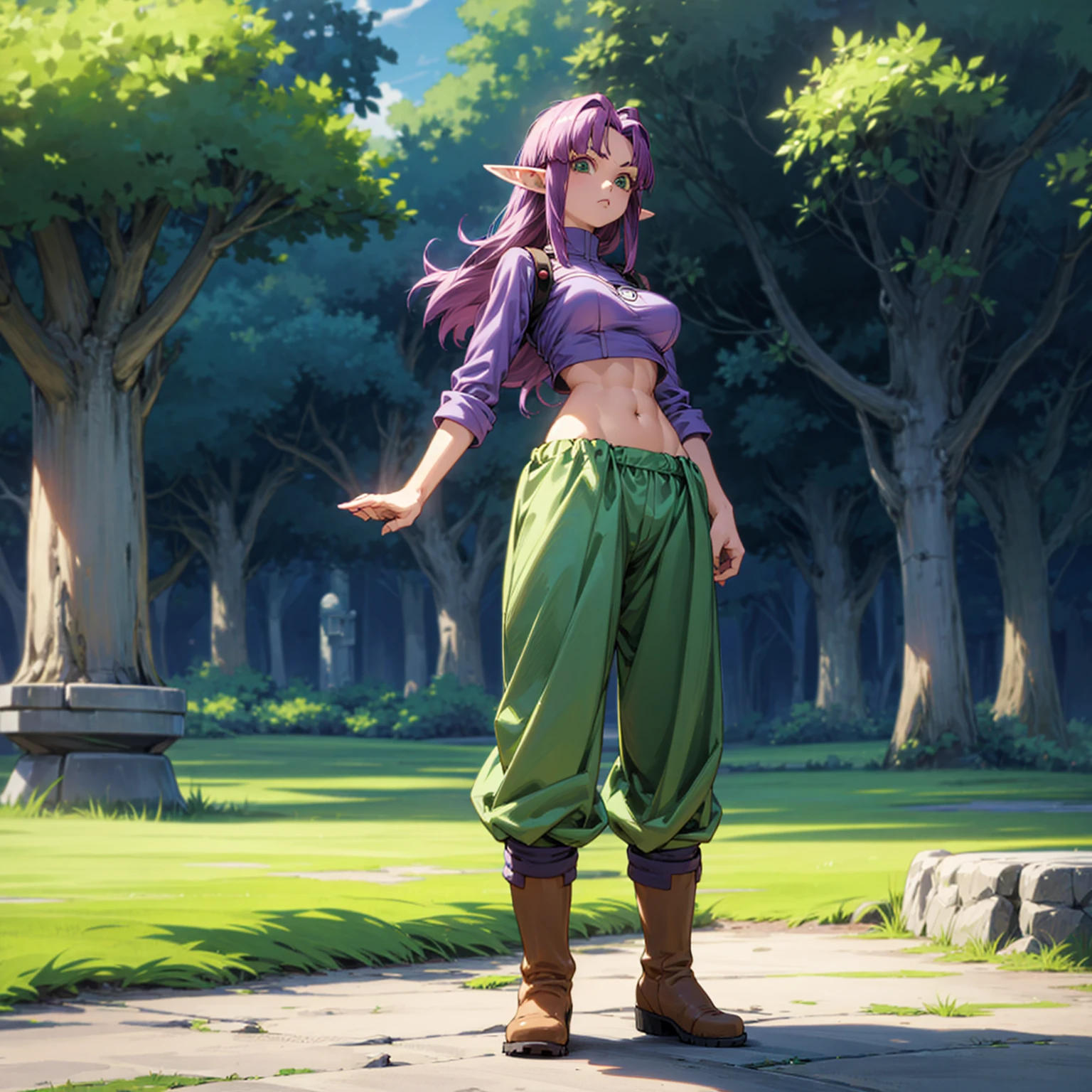 Solo character, full body version, girl, very big breast, (elf), green eyes, purple color hair, long bob hair, crop top shirt, blue long pants, boots, outdoor, village, detailed background, detailed clothing, detailed hair, muscle, standing gesture, (Doraemon style art, one piece style art)