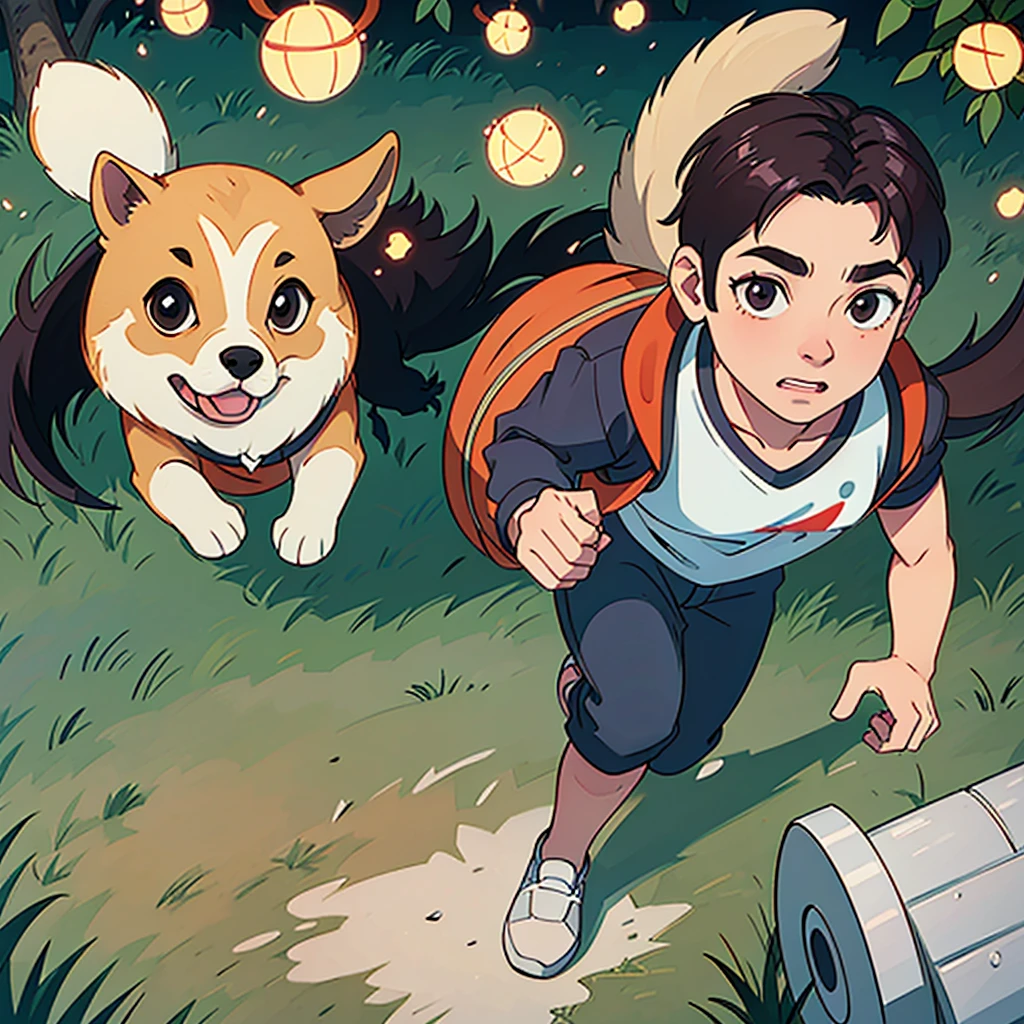 a man running in a park with his little dog, athletic man, dog running beside him, dog running beside him, dog running beside him, dog running beside him, nature park, green grass, trees, sunlight, motion blur, (best quality,4k,8k,highres,masterpiece:1.2),ultra-detailed,(realistic,photorealistic,photo-realistic:1.37),dynamic composition,warm lighting,vibrant colors