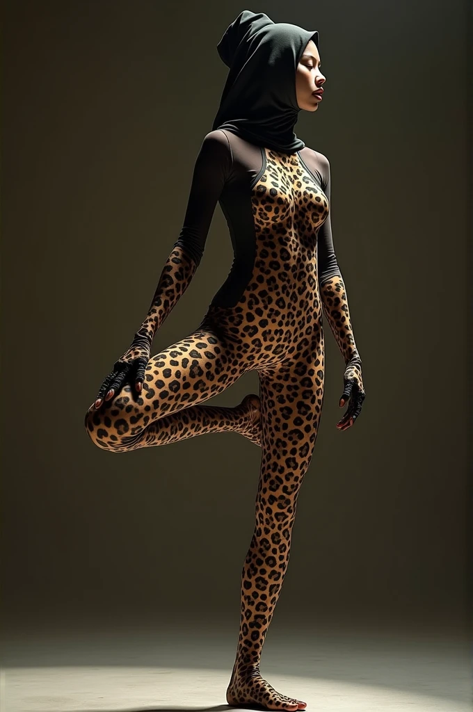 The beautiful and thinest chinese adult woman with glasses brown cheetah print lycra elasticity turtleneck unitard catsuit.She always wear hijab-like zentai costume hood made of lycra elasticity.She performs contortion when she is my contortionist.She took part for Mongolian Modern Angels Circus performance(snake convention 90 contortion)