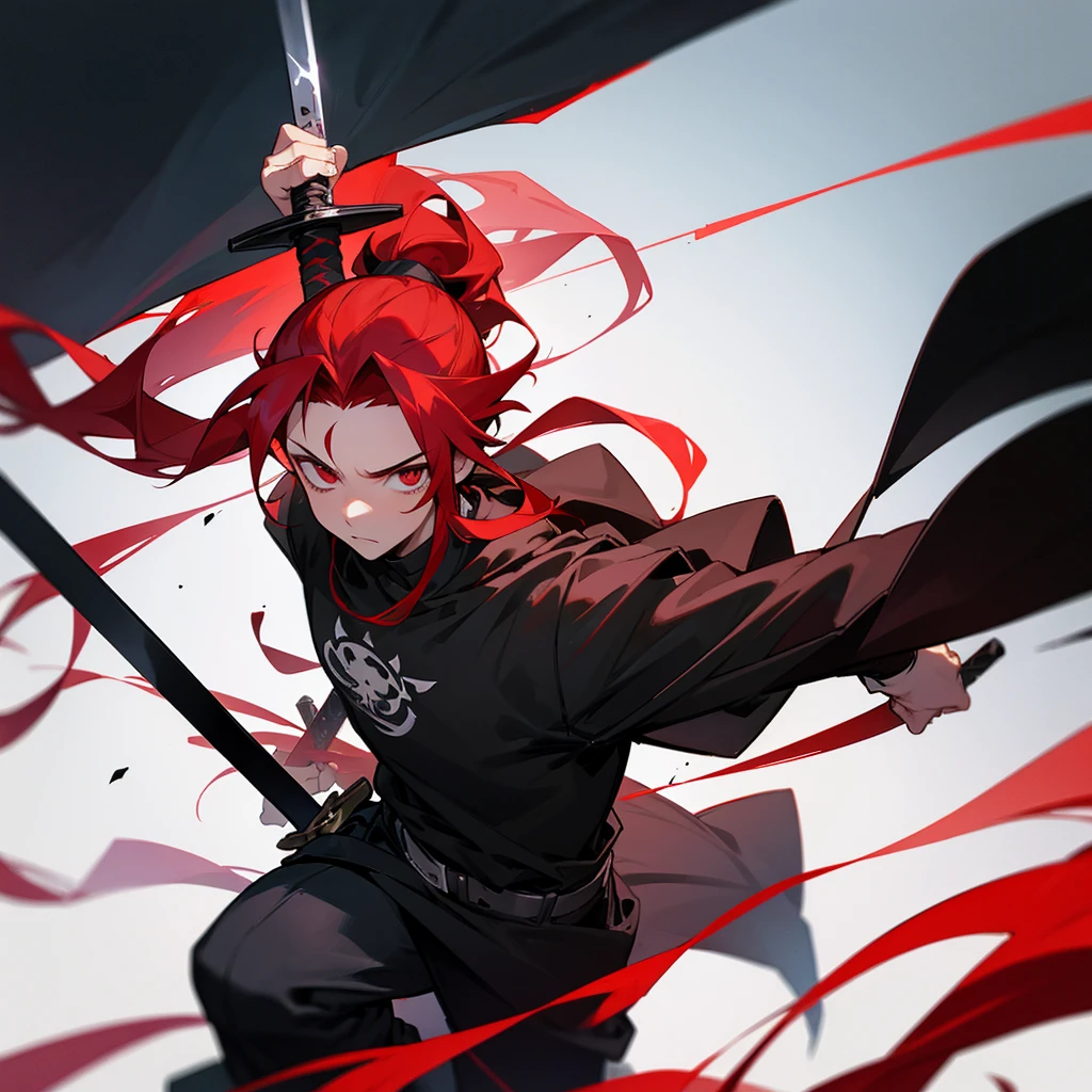 Young boy with long red hair with a black streak, tied in a ponytail at the tip, dark clothes, carrying a sword in his hand