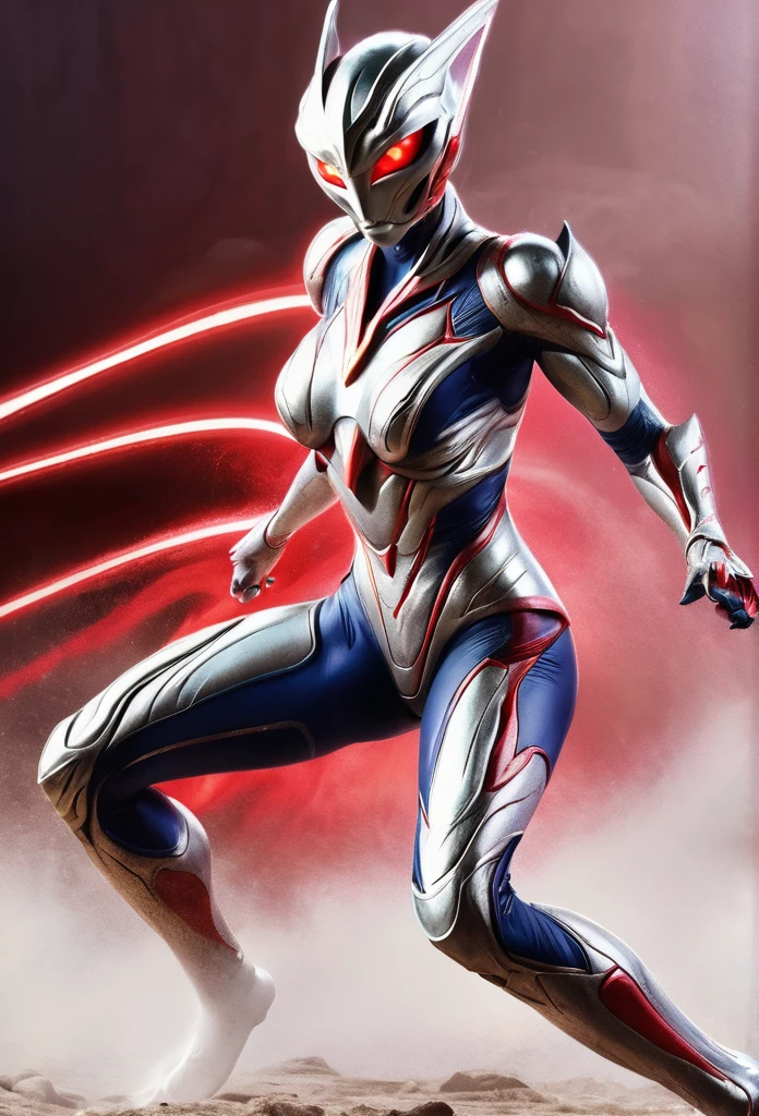 An alien with a silver body and red lines､Female Ultraman、Action poses fighting monsters