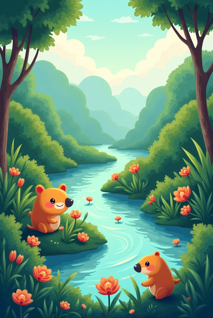 2d, Simple and cute, with gentle colors like a picture book , 8k, Highest quality,cute,The dangerous and powerful Amazon River
