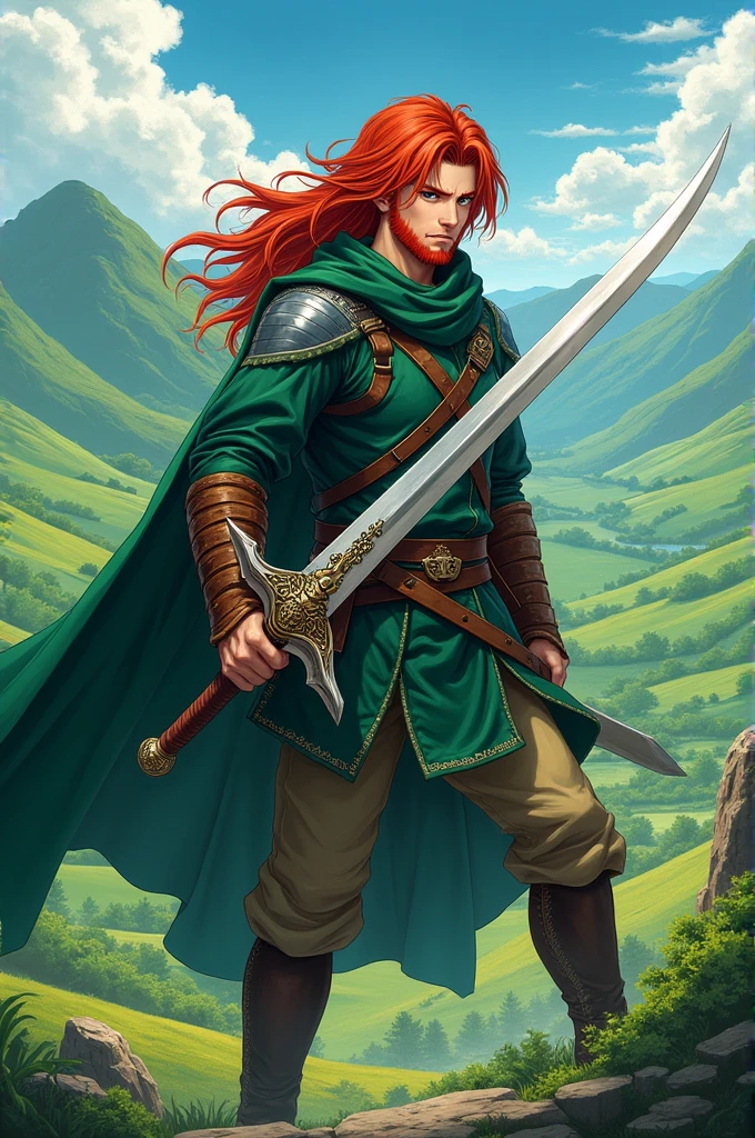 Red-haired Irish anime-style swordsman with sideburns wielding a claymore sword with a basket guard