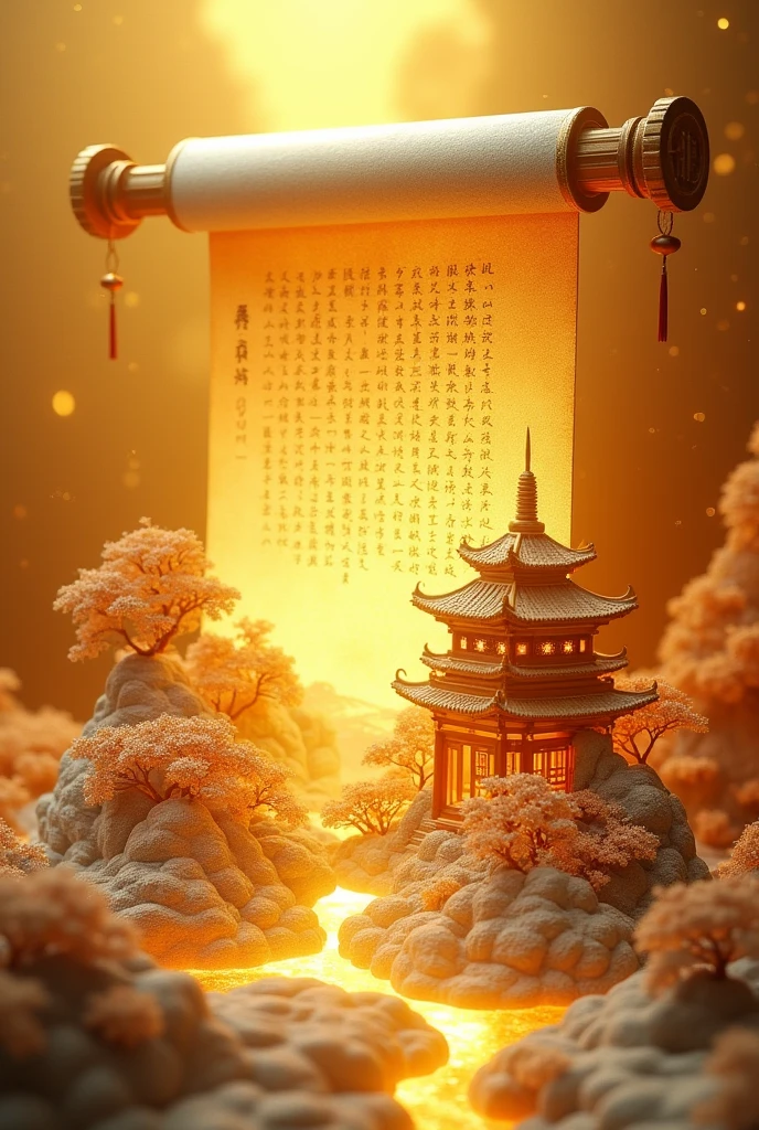 Three-dimensional ancient style, huge hollow transparent scroll, emitting golden light, the scroll is wrapped with three-dimensional landscape architecture, three-dimensional miniature landscape, flashing light gold light, one end of each page has a blank space, full of Chinese regular script, golden background, close-up,side, three-dimensional miniature landscape wrapped in focus scroll, Ultimate details, ancient scrolls, 3D rendering, professional photography technology and high-definition camera creation, miniature landscape, miniature sculpture, exquisite paper-cut craft effect, meticulous stroke art style --v 6.1
