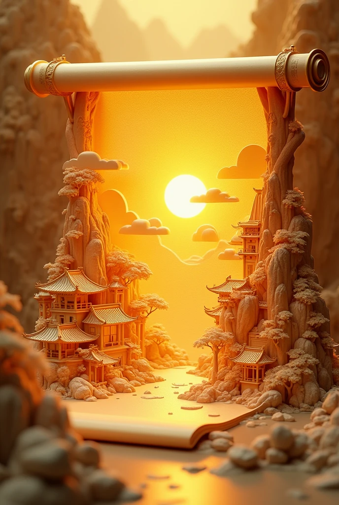 Three-dimensional ancient style, huge hollow transparent scroll, emitting golden light, the scroll is wrapped with three-dimensional landscape architecture, three-dimensional miniature landscape, flashing light gold light, one end of each page has a blank space, full of Chinese regular script, golden background, close-up,side, three-dimensional miniature landscape wrapped in focus scroll, Ultimate details, ancient scrolls, 3D rendering, professional photography technology and high-definition camera creation, miniature landscape, miniature sculpture, exquisite paper-cut craft effect, meticulous stroke art style --v 6.1