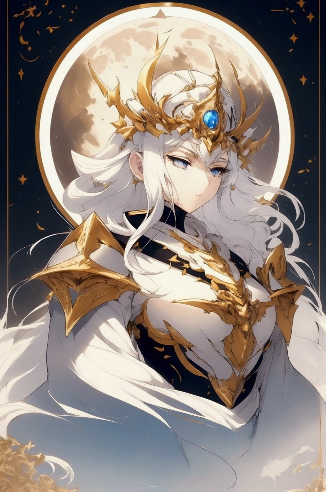 White hair, divine aura branch. goddess of the moon, serious face, breasts on display, large bust, Large Large, with medieval armor