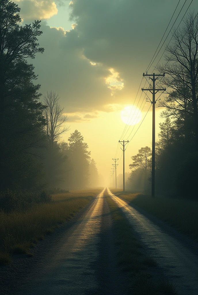A crossroads on a deserted road, with a path shining in golden hues on the left and a dark, winding path on the right.