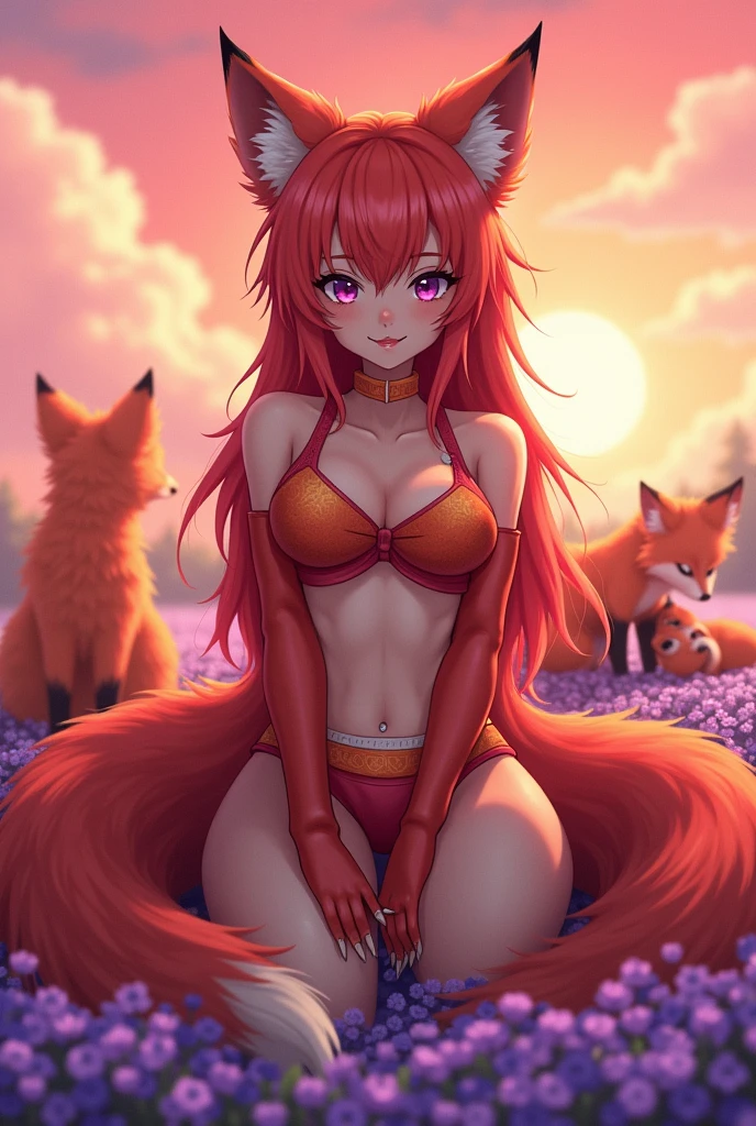 Anime woman with 3 tails and fox ears with red fur with purple eyes with red and orange mini skirt and top with big tails and with cute face in a field of purple and red flowers with 1,50 meters and with big breasts measuring 60 cm with teeth and fox cats and with other foxes around centered on the floor while fans caress a fox with a cute face with pink clouds and red sky with other human foxes playing in the background holding one of their tails while lying down to sleep on the floor 