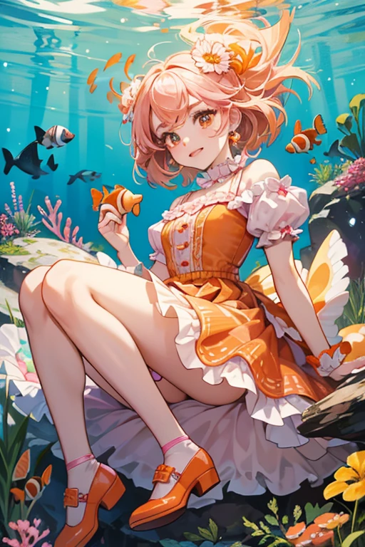 Clarita has light yellow skin with hazel eyes, pink lips, brown eyebrows, and orange and white eyeshadow with pink and blue dots underneath and on top of her eyebrows. She has pink hair that can color change into brown hair surrounds her clownfish ears down to her waist. She has no tail. Clarita wears a bodice with white straps with orange and white stripes on the bodice with a scale pattern on it to look like fish scales. Her skirt is pink with a red band with light pink and orange sea flowers for a pattern. The train on her skirt also has the same pattern as the regular skirt. She wears orange shoes with clownfish faces on the noses and fins on the back of the shoes. She has orange fins on her wrists. SPARKLE; GLITTER