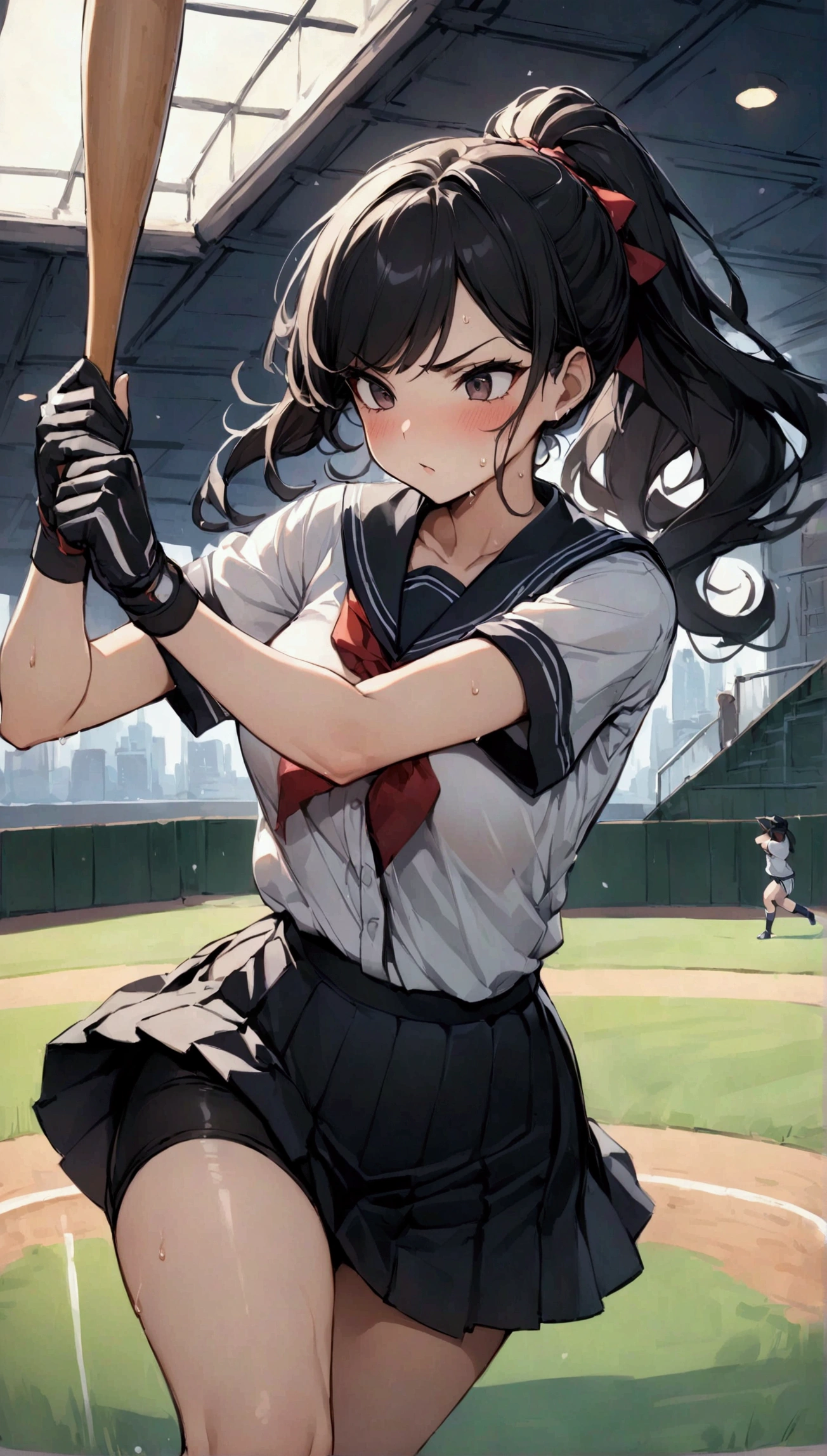 {{Baseball bat-swing:1.8}}．Animated image of a player swinging a baseball bat at a ball,{{action}},{{Baseball bat-swing, skirt flips up, glimpse of black shorts:1.8}},striking out swinging,Black shorts in skirt,Cartoonish ,Line of effect,JK,1girl, solo, athlete body,{{swing a baseball bat:1.8}},Baseball bat,swing,twist,Rotation and twisting of the body,{{masterpiece}}, {{{Highest quality}}},{{Very detailed}},cowboy shot, dutch angle,Dynamic composition, A high school girl is swinging and missing at a batting cage,school uniform,mini skirt,Short sleeve blouse　clavicle　Knee-high socks　 Speed Line　Motion Lines　,Batting Center,Bat,Sweat,Bad mood, be flustered,frustrating,{{v-shaped eyebrows}},Bad mood,blush,Sweat,raise one's eyebrows　,Black Hair,batting glove,Indoor batting center,sidelong glance,Black Skirt,Long Hair,ponytail,Black shorts,Above the baseball batter's box