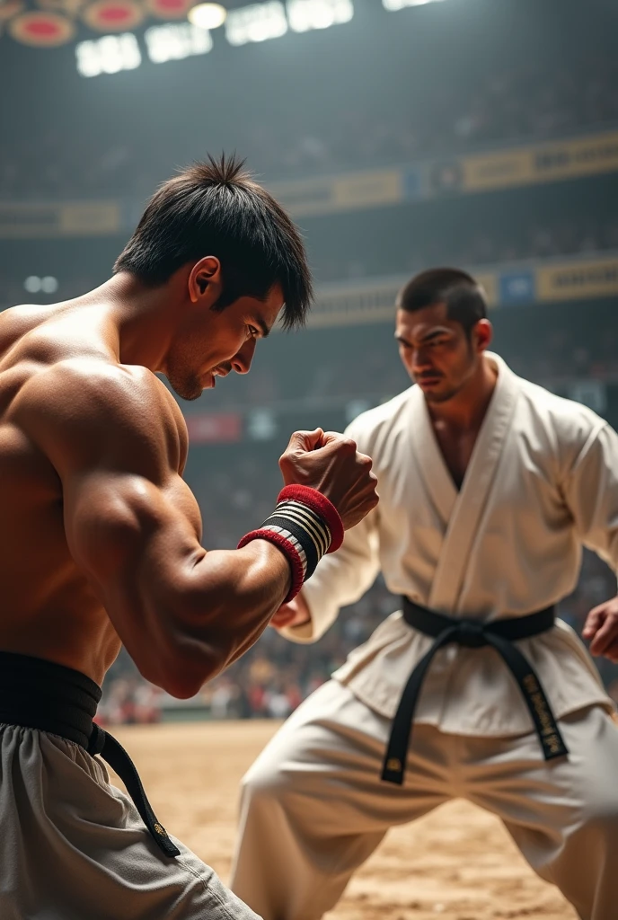 first person view, 8k, martial arts championship, against a Japanese man in a white kimono, attacking his face, showing hatred with his teeth clenched, strong and defined abdomen and chest, closed fist, realistic, adrenaline, emotion, first person view!
