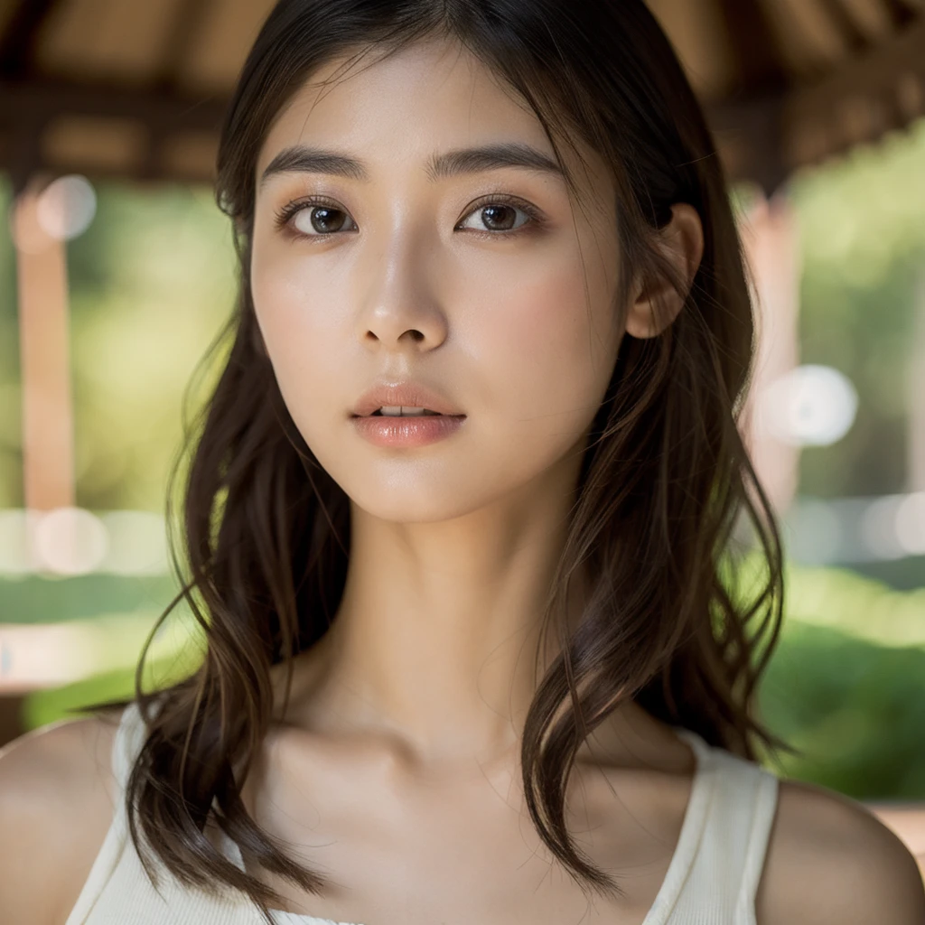 An ethereal and breathtakingly beautiful Japanese model and actress in her early 20s, depicted in an ultra-high-definition 4K close-up that reveals every intricate detail of her facial features. Her skin is hyper-realistic, showcasing a flawless complexion with a natural, warm beige undertone and a subtle, sun-kissed hue, giving her a healthy, radiant appearance without being overly pale. The skin texture is meticulously detailed, revealing fine pores, a gentle dewiness, and a natural elasticity that conveys a soft, supple feel. The lighting is soft and indirect, with a focus on ambient indoor light that gently illuminates her face, avoiding harsh highlights and creating a balanced, realistic glow. The soft shadows cast by the light add depth and dimension to her features, emphasizing the smoothness of her skin and the contours of her face. Her large, almond-shaped eyes are a deep, rich brown, with irises displaying subtle color variations and a soft inner glow, framed by perfectly arched brows and naturally curled, thick lashes. Her lips are naturally full, with a soft, velvety texture and a delicate sheen that captures the ambient light, highlighting their plumpness and smoothness. Her straight, glossy black hair is styled to frame her face, each strand individually defined with a natural sheen that reflects the indoor lighting. The overall composition is designed to evoke a sense of intimate elegance, with the gentle, controlled lighting and the precise rendering of every detail, from the texture of her skin to the softness of her gaze, creating an image that surpasses human perception in realism.